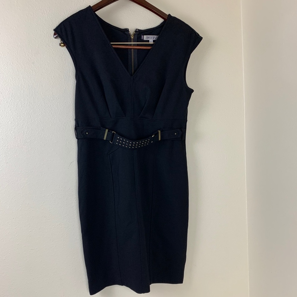 Jennifer Lopez Soft Ponte Knit Black Midi Dress Sz 12 cap sleeve v neck …